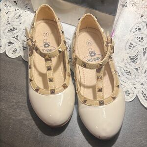 Studded Cream and Tan T-Strap Shoes